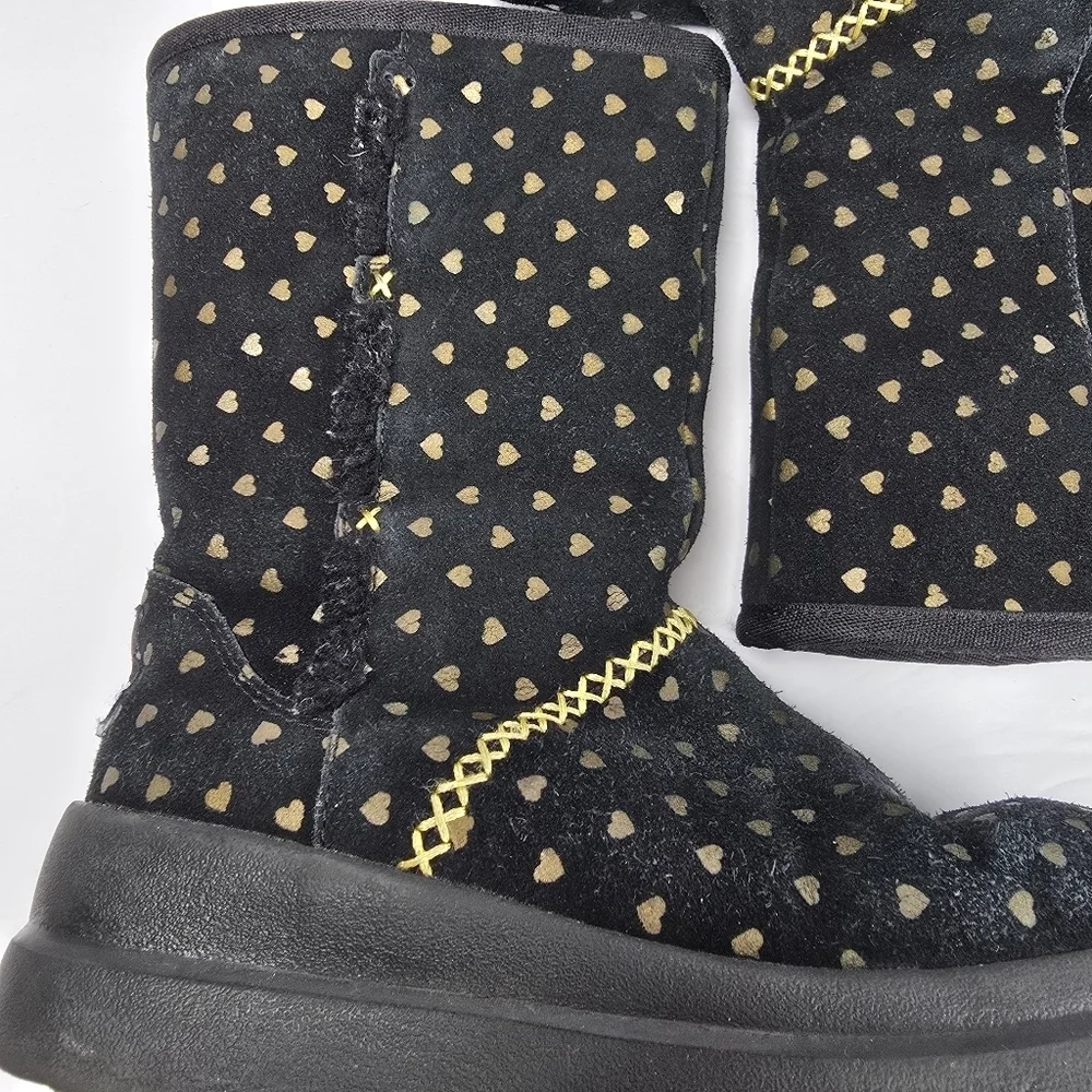 UGG I Heart Girls Black Suede Boots With Gold Hearts/Gold Rope Detail Size 3